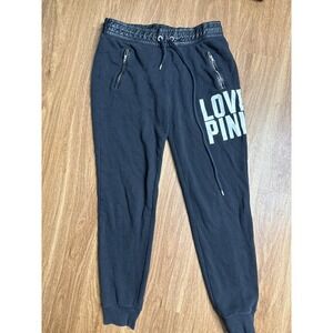PINK Victoria's Secret Black Joggers‎ Faux Leather Trim Love Pink Graphic Small